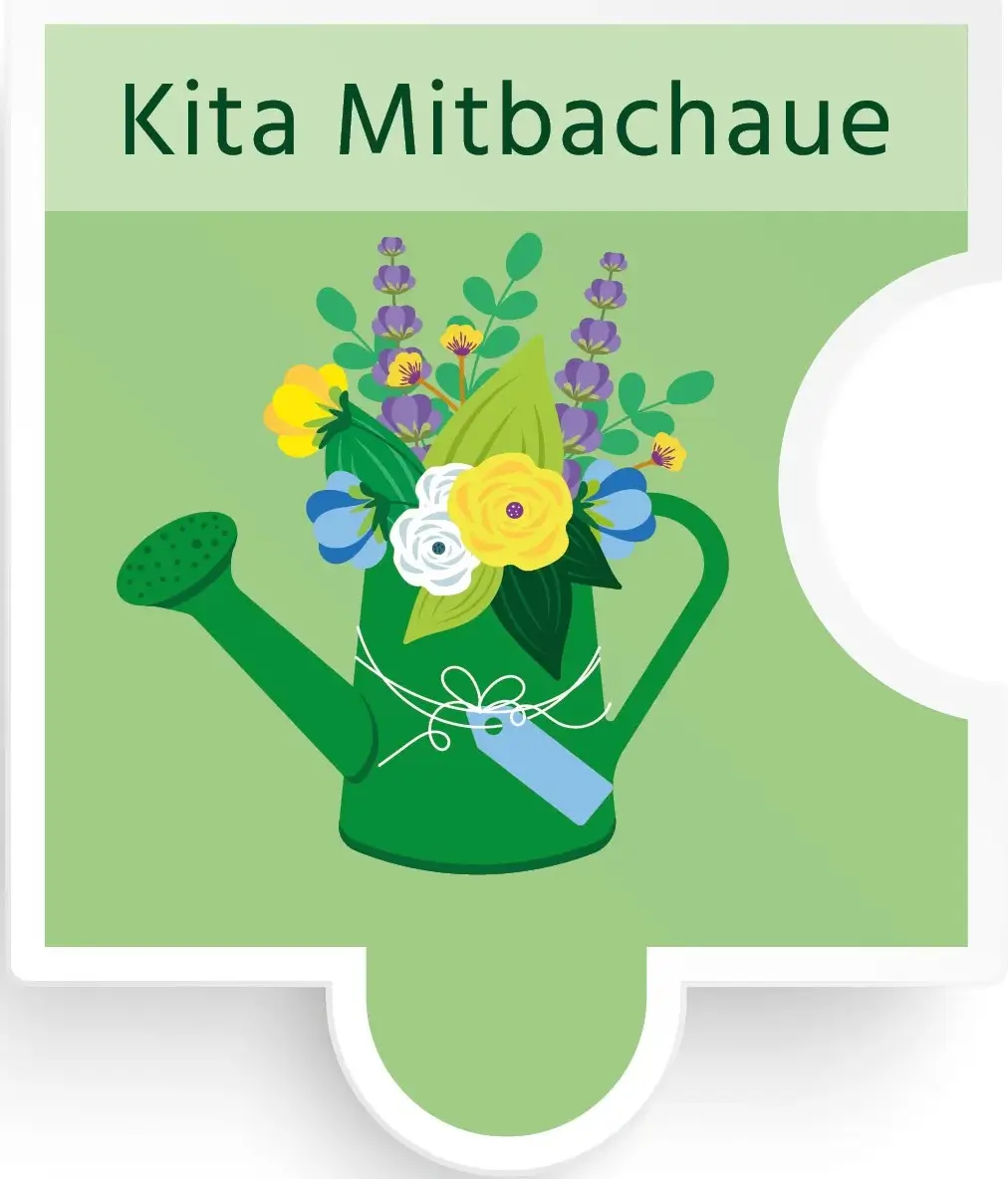Logo Kita Mitbachaue, Puzzleteil mit Gießkanne und Blumen